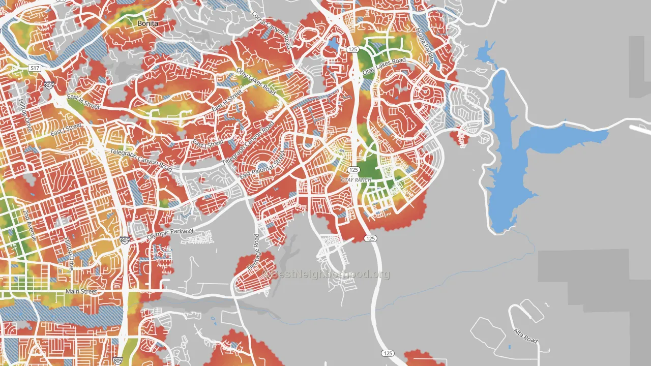 Walk Grade map of Otay Ranch, Chula Vista, CA, walkable areas in green and car-dependent areas in red