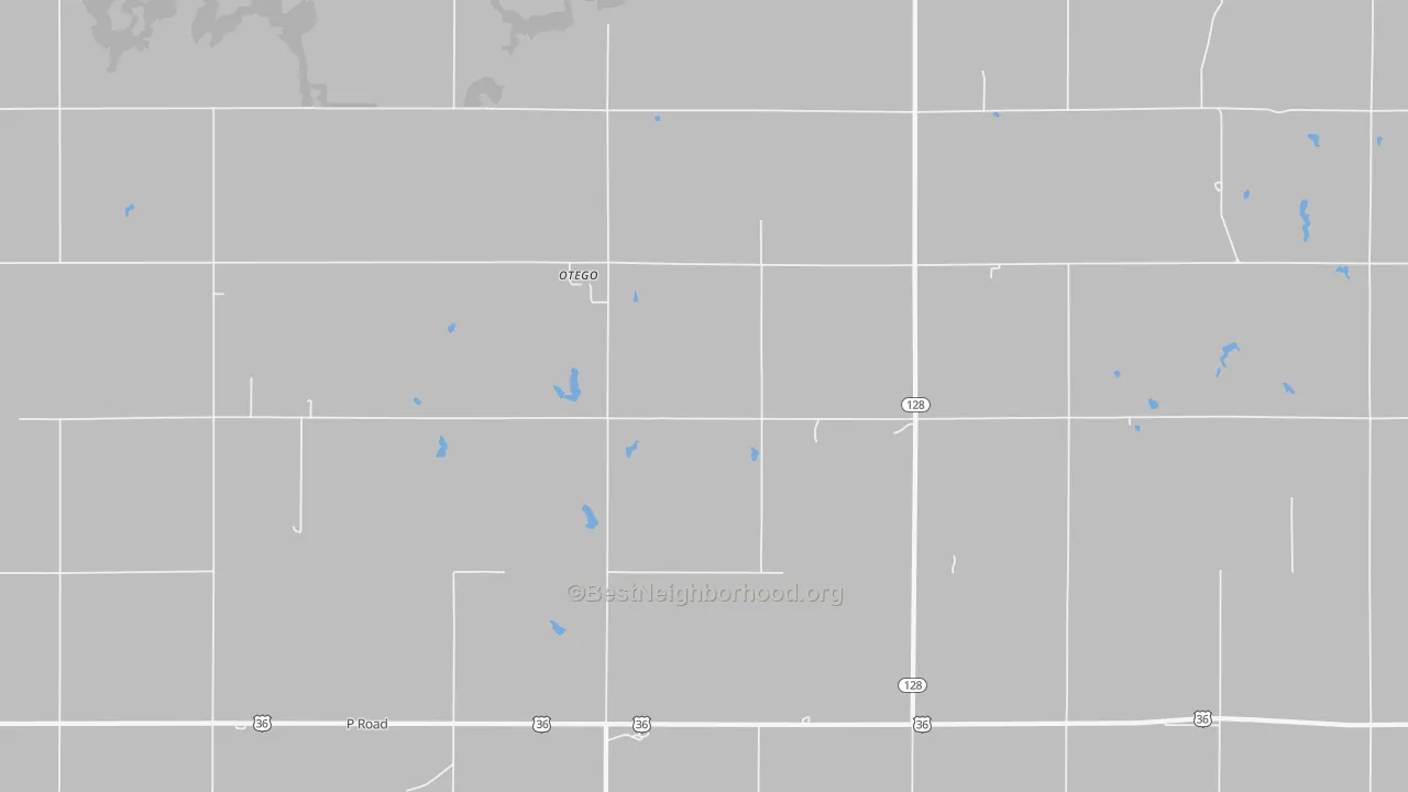 Walk Grade map of Otego, KS, walkable areas in green and car-dependent areas in red