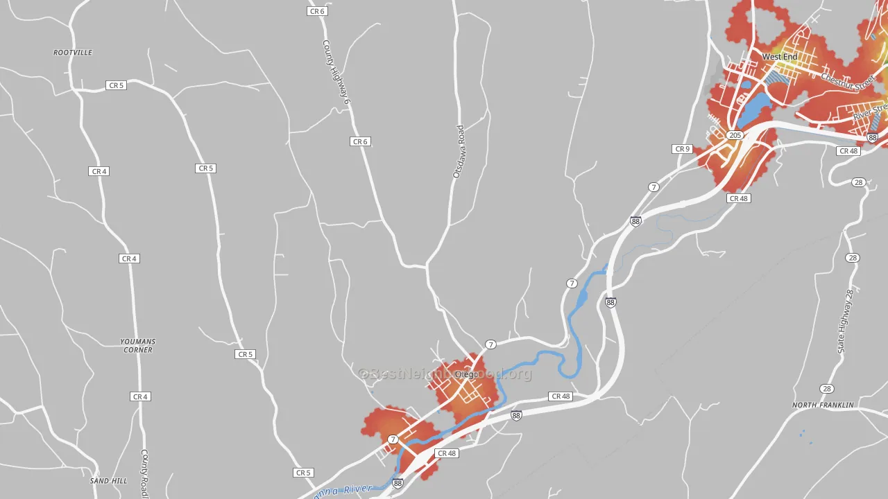 Walk Grade map of Otego, NY, walkable areas in green and car-dependent areas in red