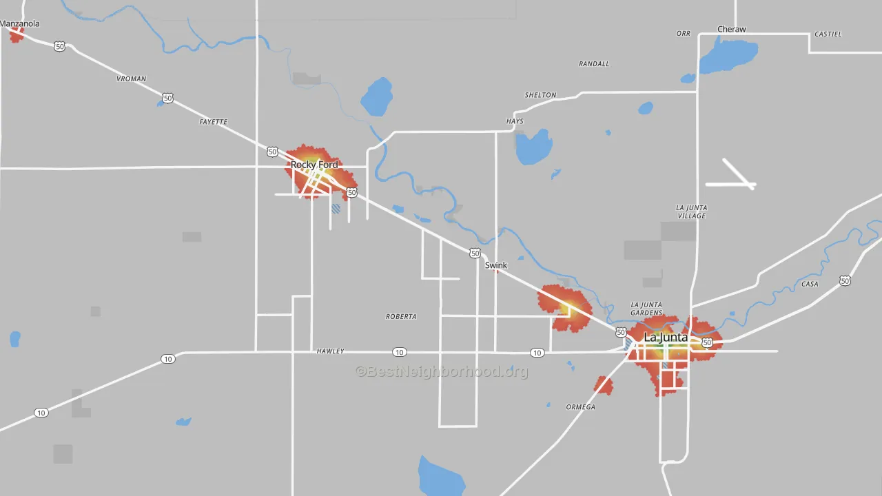 Walk Grade map of Otero County, CO, walkable areas in green and car-dependent areas in red