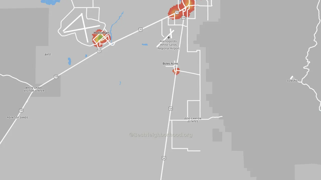 Walk Grade map of Otero County, NM, walkable areas in green and car-dependent areas in red