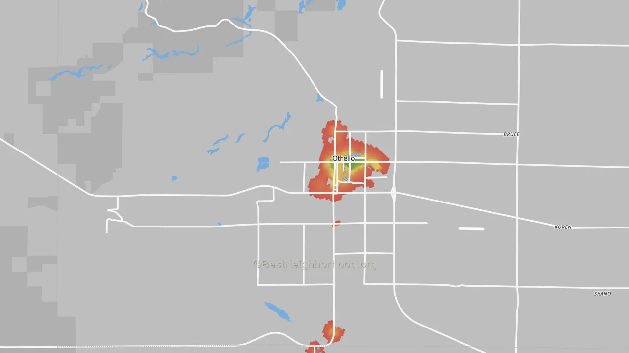 Walk Grade map of Othello, WA, walkable areas in green and car-dependent areas in red
