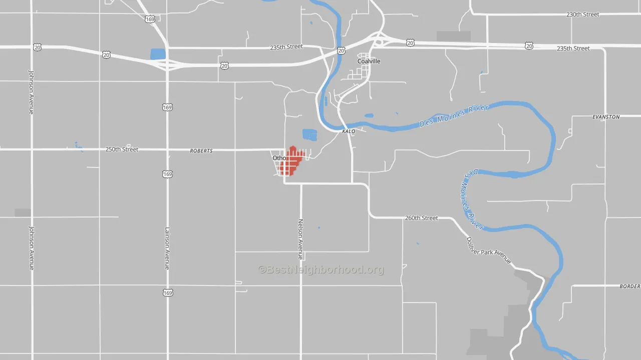 Walk Grade map of Otho, IA, walkable areas in green and car-dependent areas in red