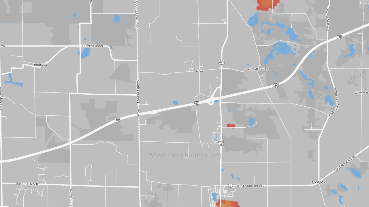 Walk Grade map of Otis, IN, walkable areas in green and car-dependent areas in red