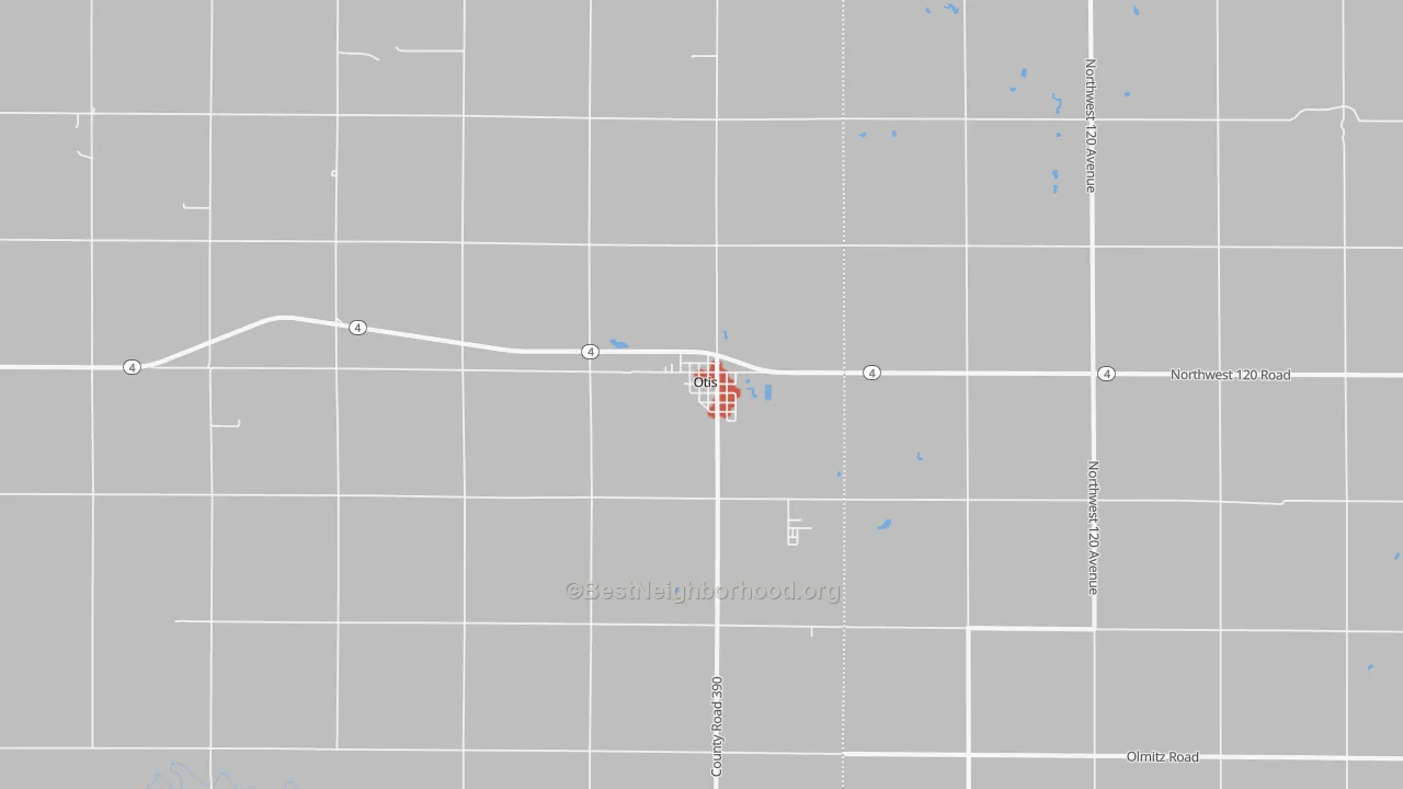 Walk Grade map of Otis, KS, walkable areas in green and car-dependent areas in red