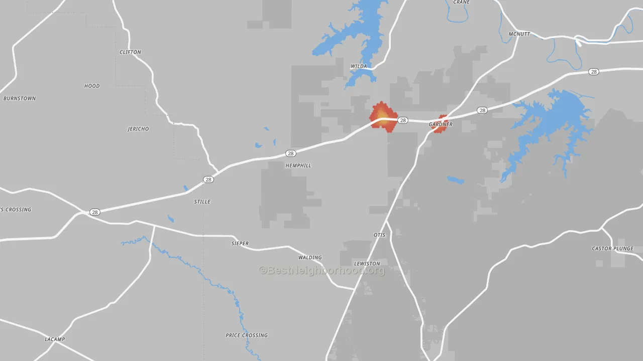 Walk Grade map of Otis, LA, walkable areas in green and car-dependent areas in red