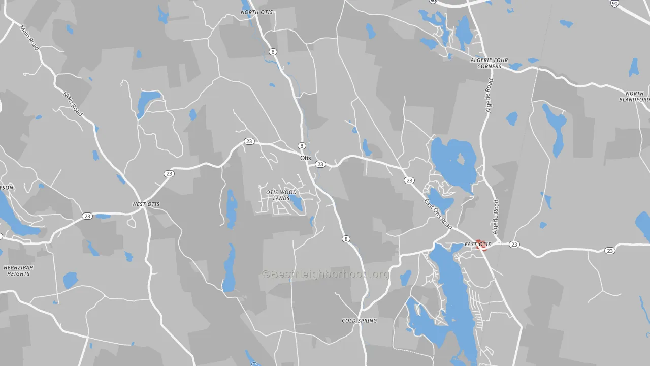 Walk Grade map of Otis, MA, walkable areas in green and car-dependent areas in red