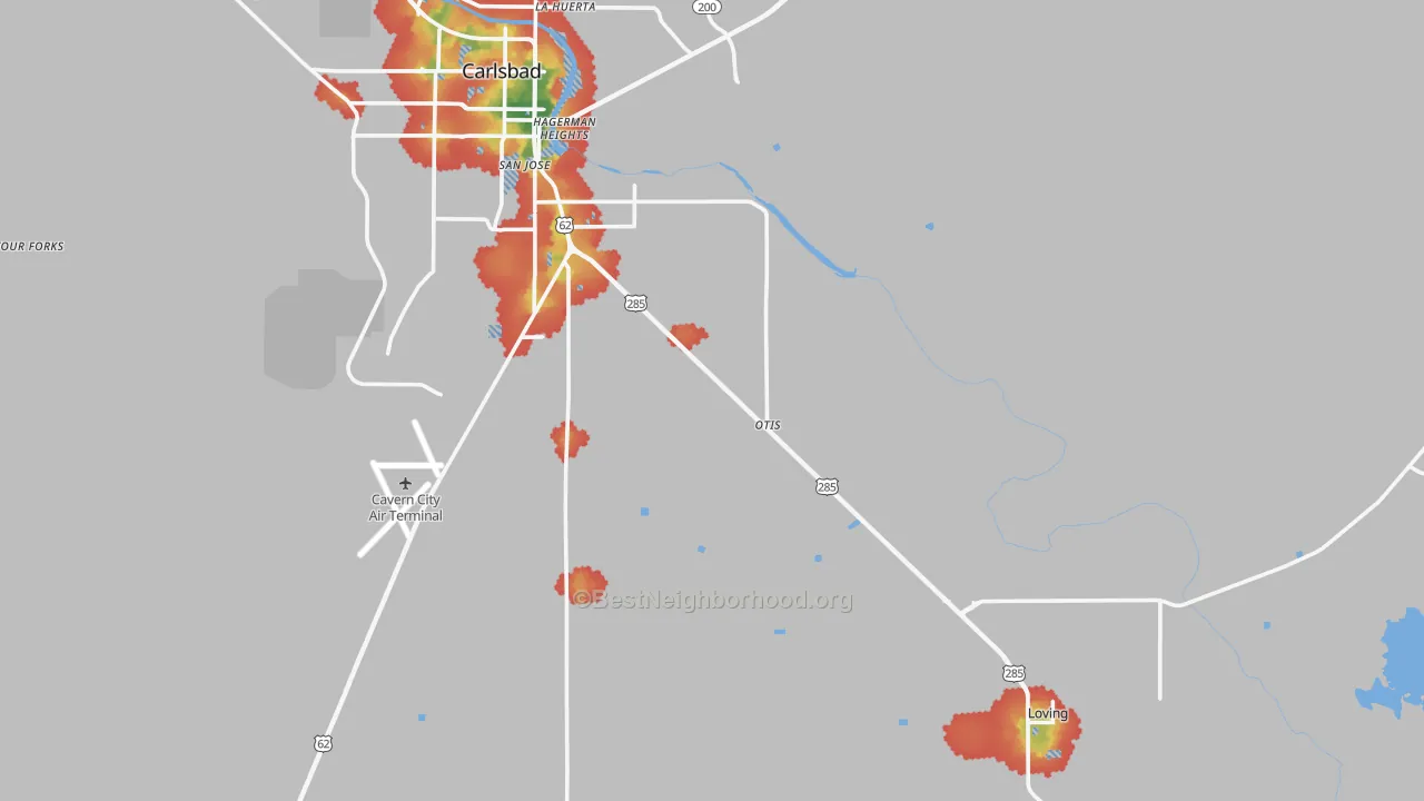 Walk Grade map of Otis, NM, walkable areas in green and car-dependent areas in red