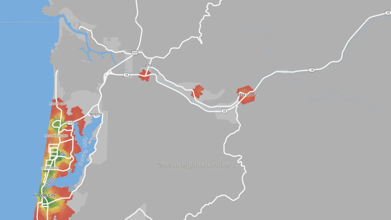 Walk Grade map of Otis, OR, walkable areas in green and car-dependent areas in red