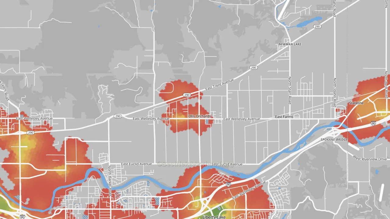 Walk Grade map of Otis Orchards, WA, walkable areas in green and car-dependent areas in red