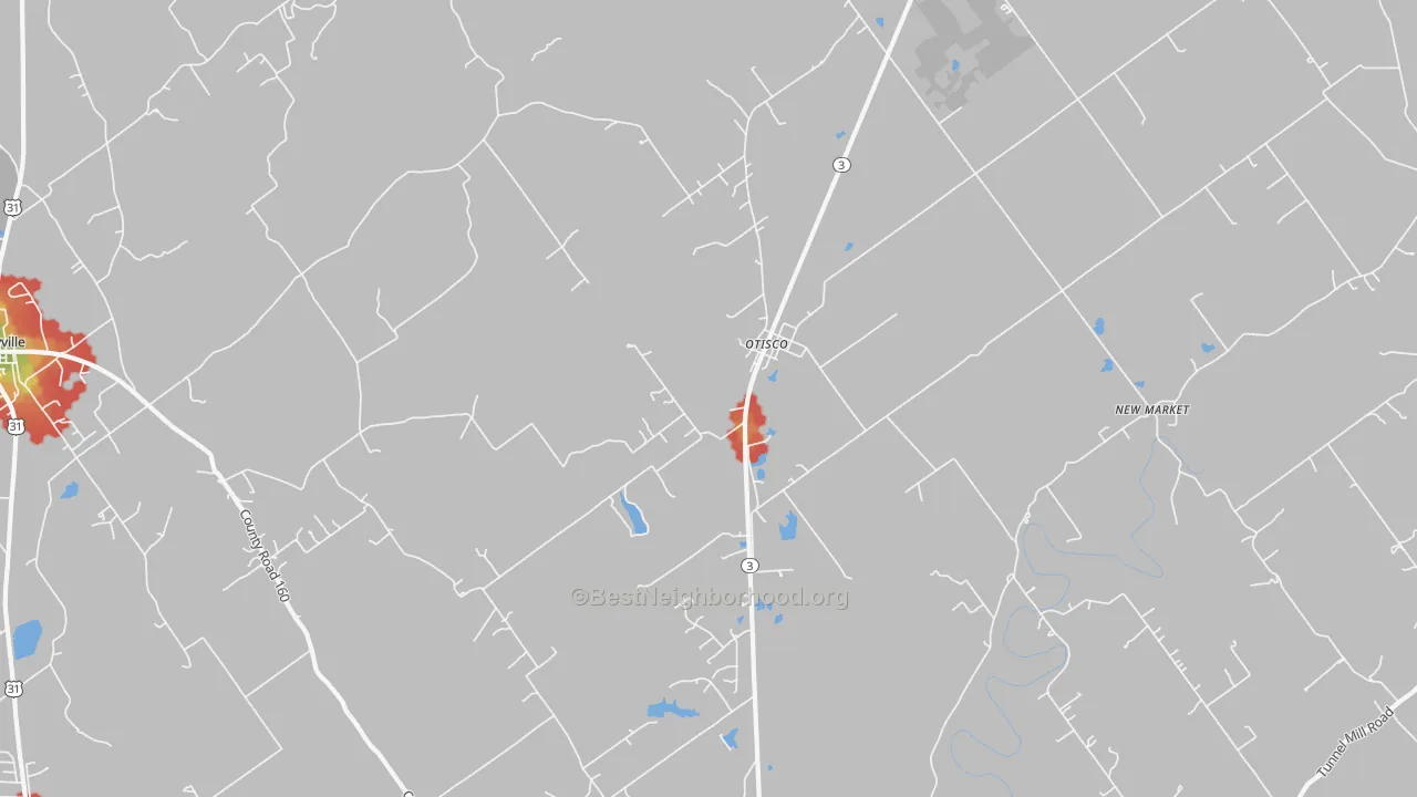 Walk Grade map of Otisco, IN, walkable areas in green and car-dependent areas in red