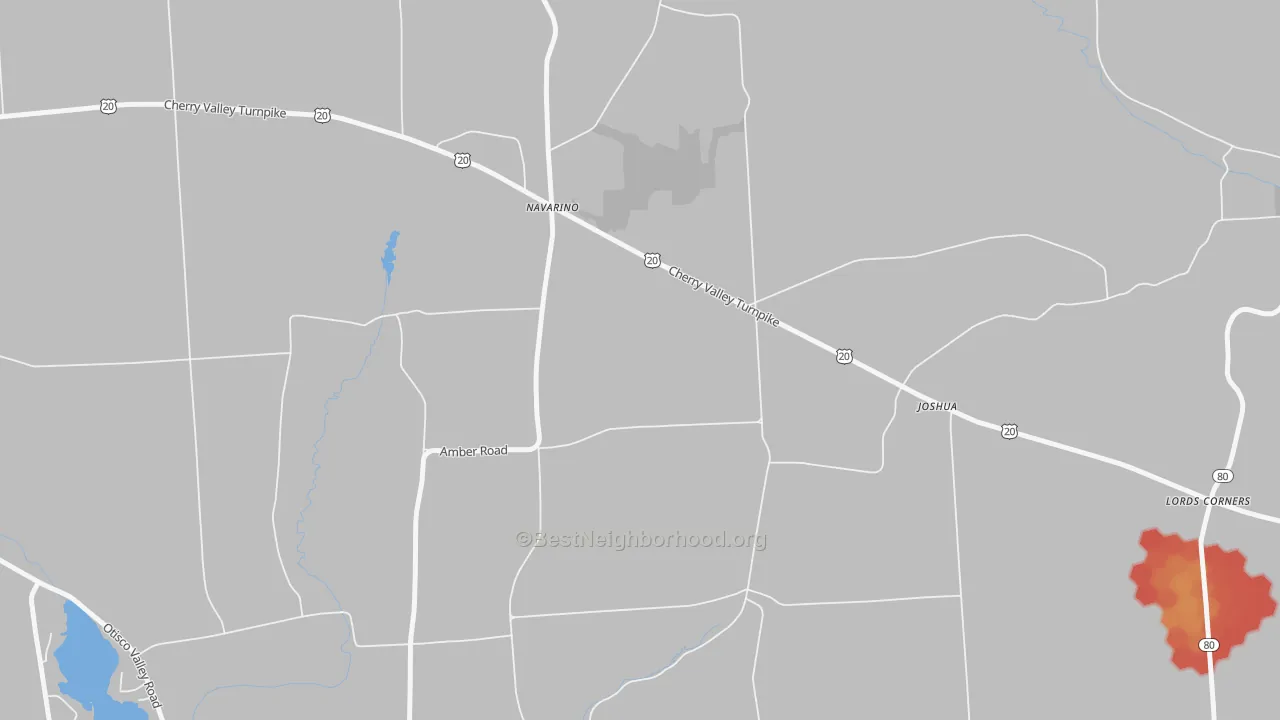 Walk Grade map of Otisco Valley, NY, walkable areas in green and car-dependent areas in red
