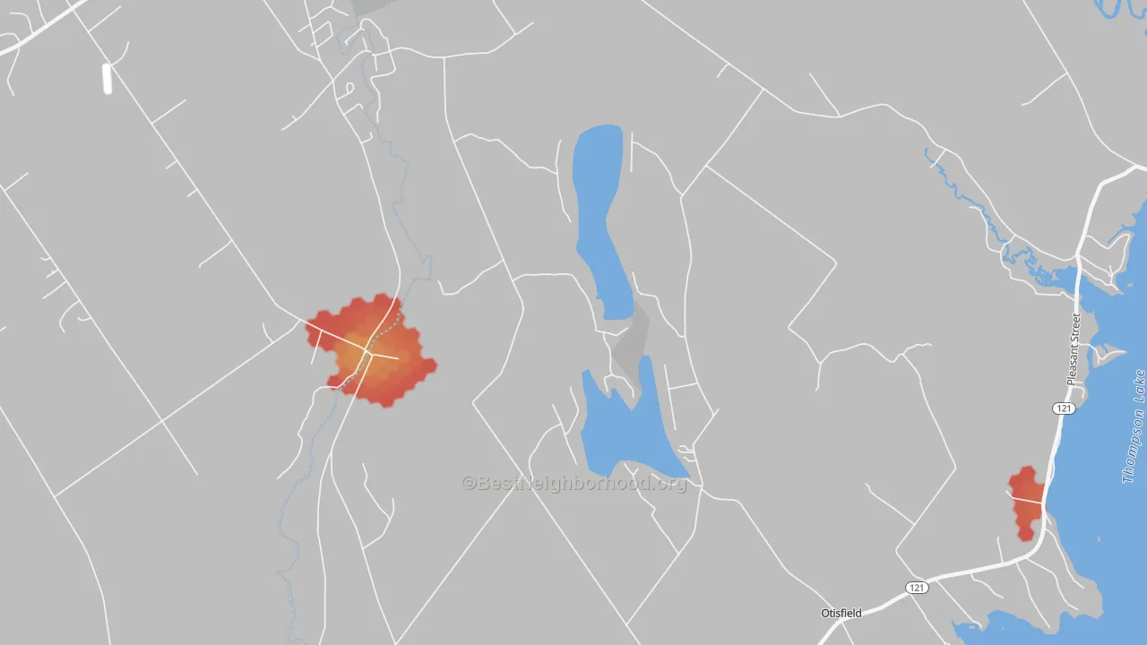 Walk Grade map of Otisfield, ME, walkable areas in green and car-dependent areas in red
