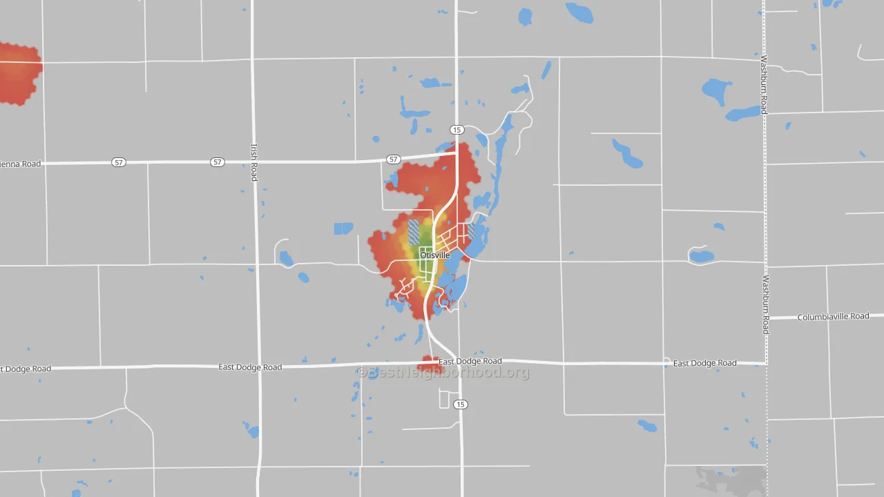 Walk Grade map of Otisville, MI, walkable areas in green and car-dependent areas in red