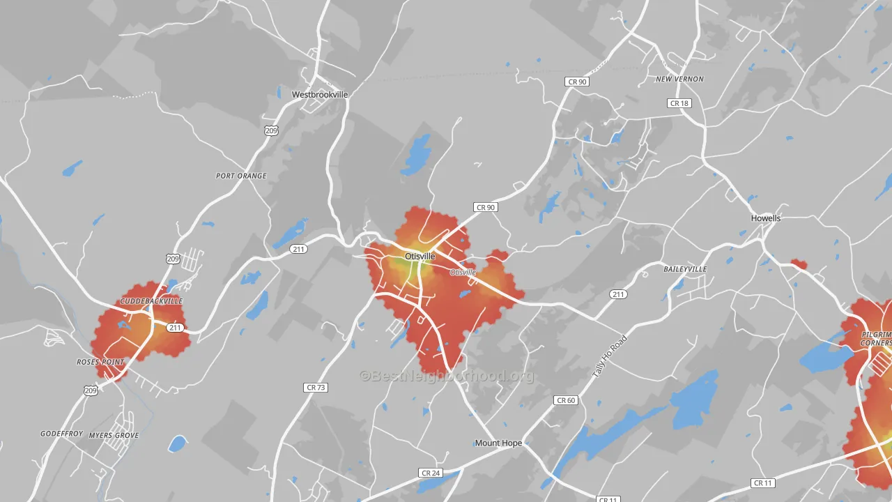 Walk Grade map of Otisville, NY, walkable areas in green and car-dependent areas in red