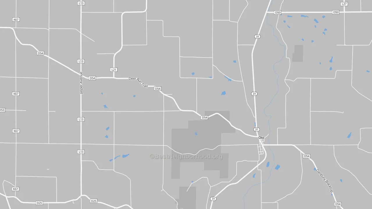 Walk Grade map of Oto, IA, walkable areas in green and car-dependent areas in red