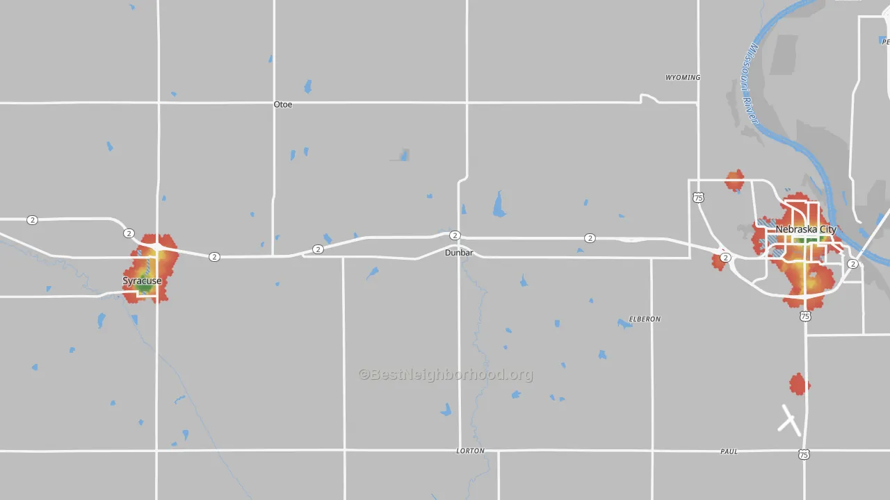 Walk Grade map of Otoe County, NE, walkable areas in green and car-dependent areas in red