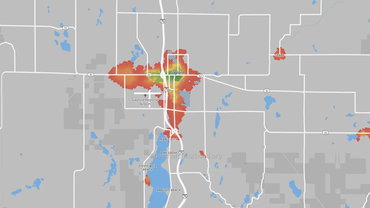 Walk Grade map of Otsego County, MI, walkable areas in green and car-dependent areas in red