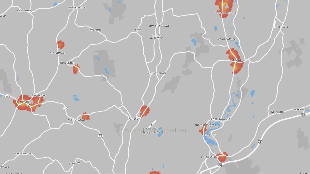 Walk Grade map of Otsego County, NY, walkable areas in green and car-dependent areas in red