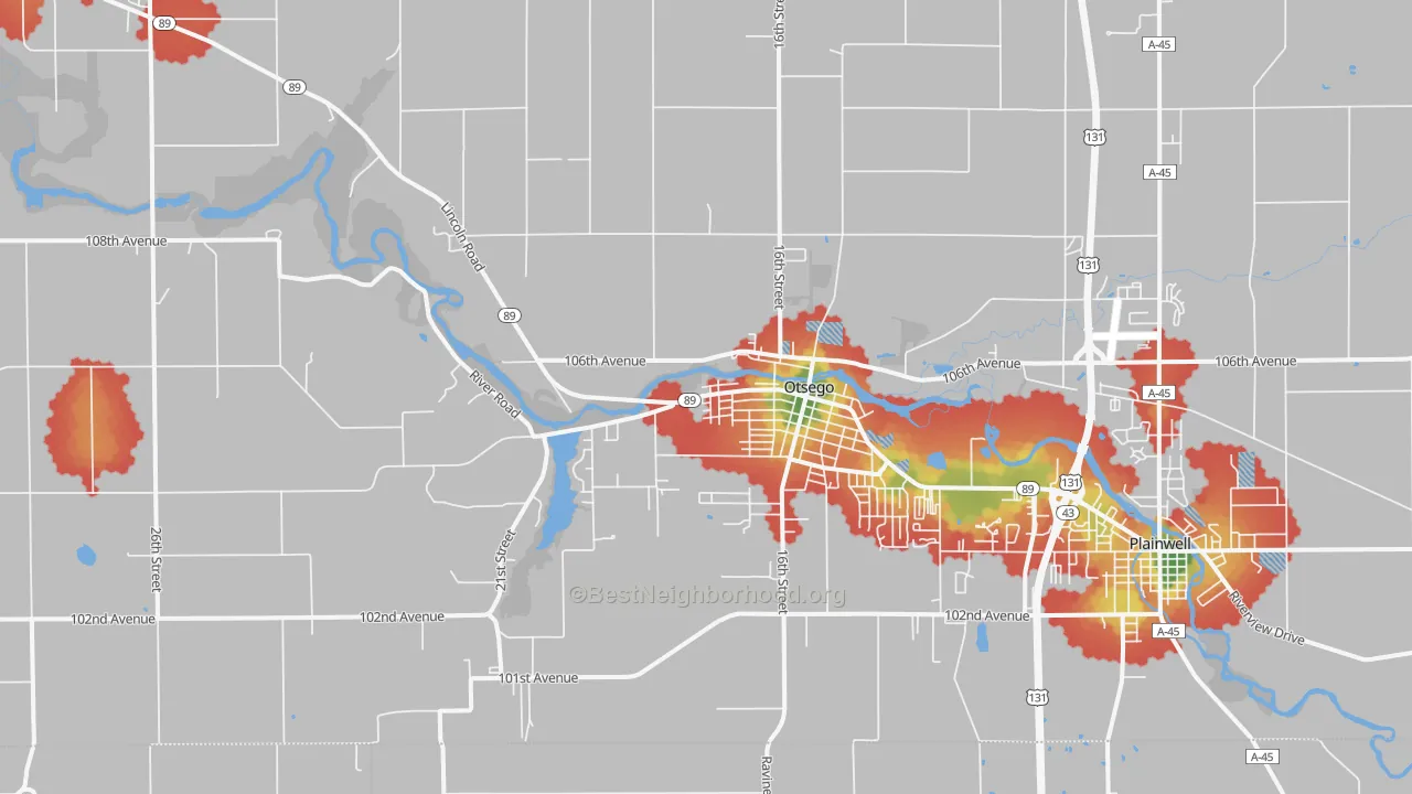 Walk Grade map of Otsego, MI, walkable areas in green and car-dependent areas in red