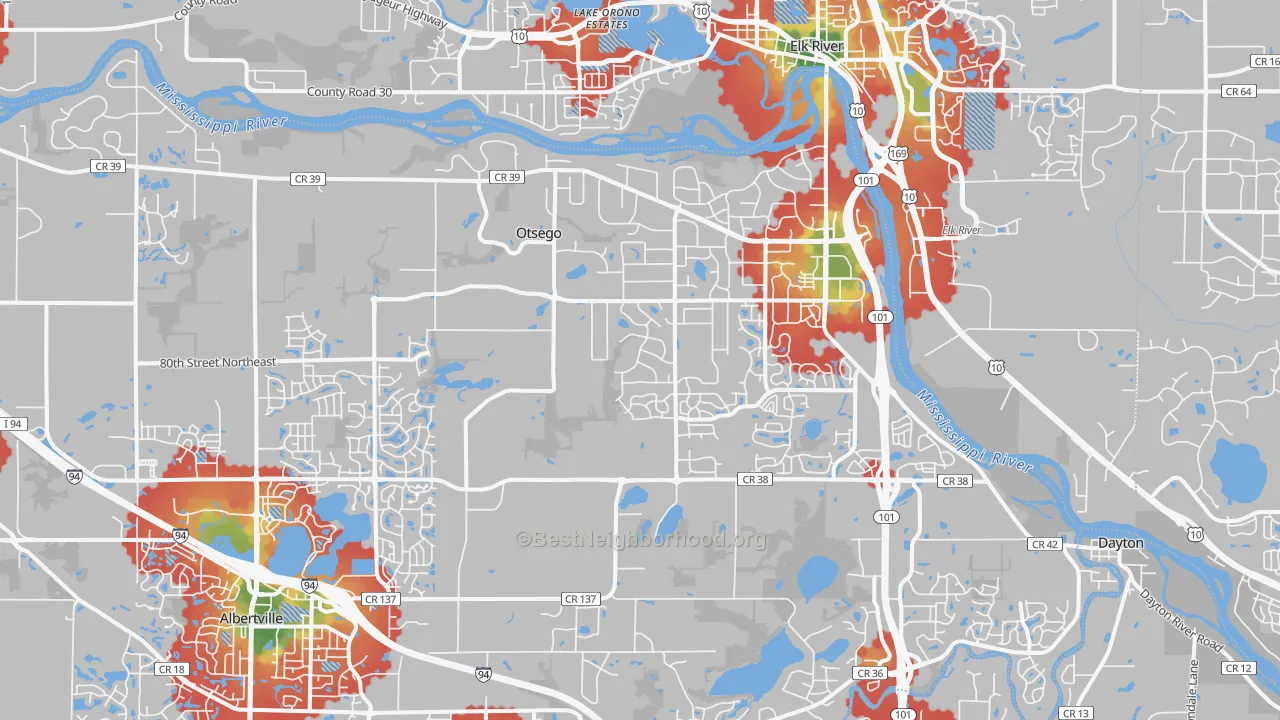 Walk Grade map of Otsego, MN, walkable areas in green and car-dependent areas in red