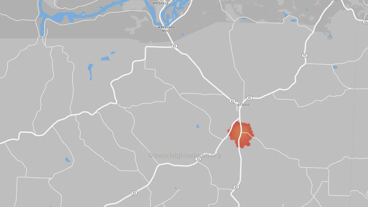 Walk Grade map of Otsego, OH, walkable areas in green and car-dependent areas in red