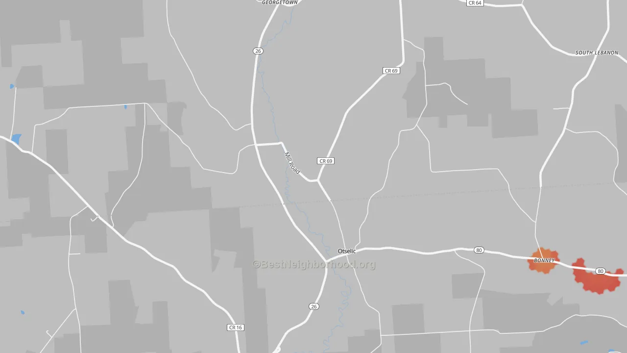 Walk Grade map of Otselic, NY, walkable areas in green and car-dependent areas in red