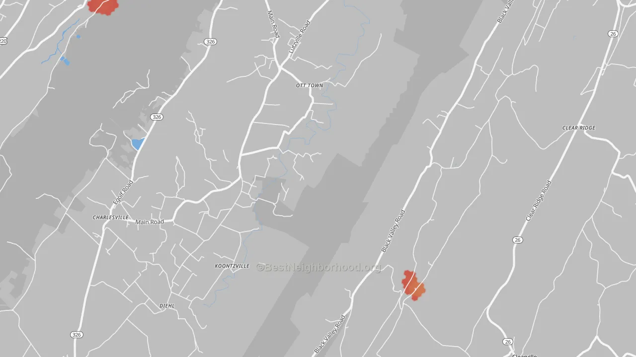 Walk Grade map of Ott Town, PA, walkable areas in green and car-dependent areas in red