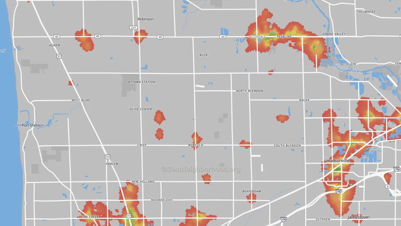 Walk Grade map of Ottawa County, MI, walkable areas in green and car-dependent areas in red