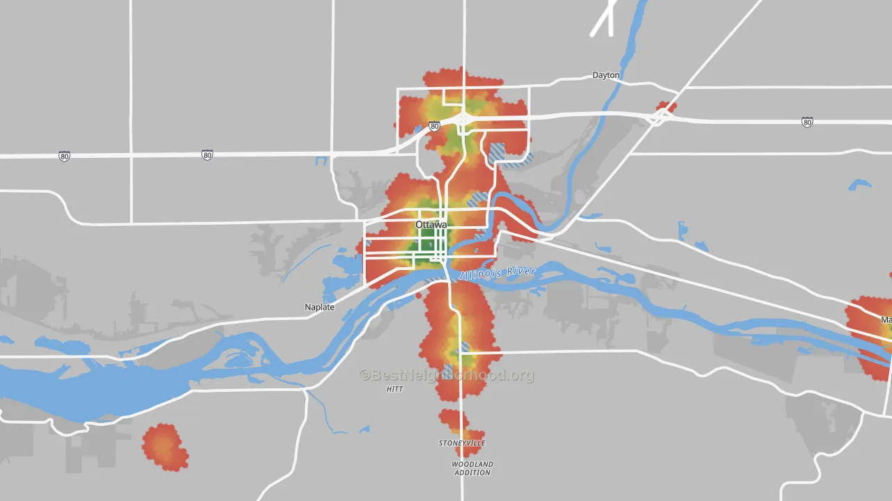Walk Grade map of Ottawa, IL, walkable areas in green and car-dependent areas in red