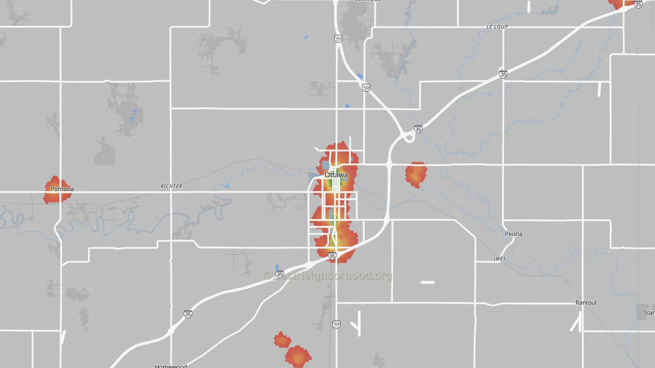 Walk Grade map of Ottawa, KS, walkable areas in green and car-dependent areas in red