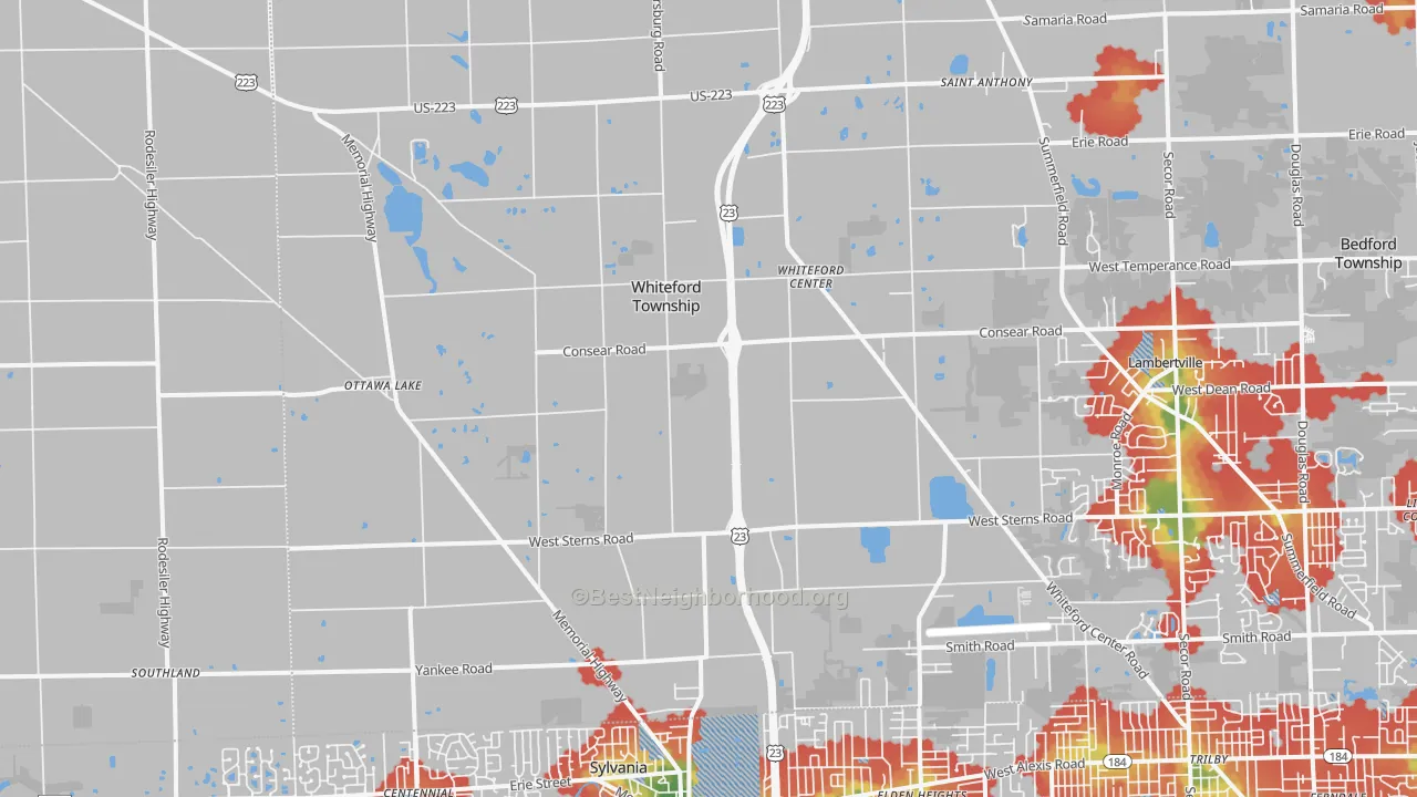 Walk Grade map of Ottawa Lake, MI, walkable areas in green and car-dependent areas in red