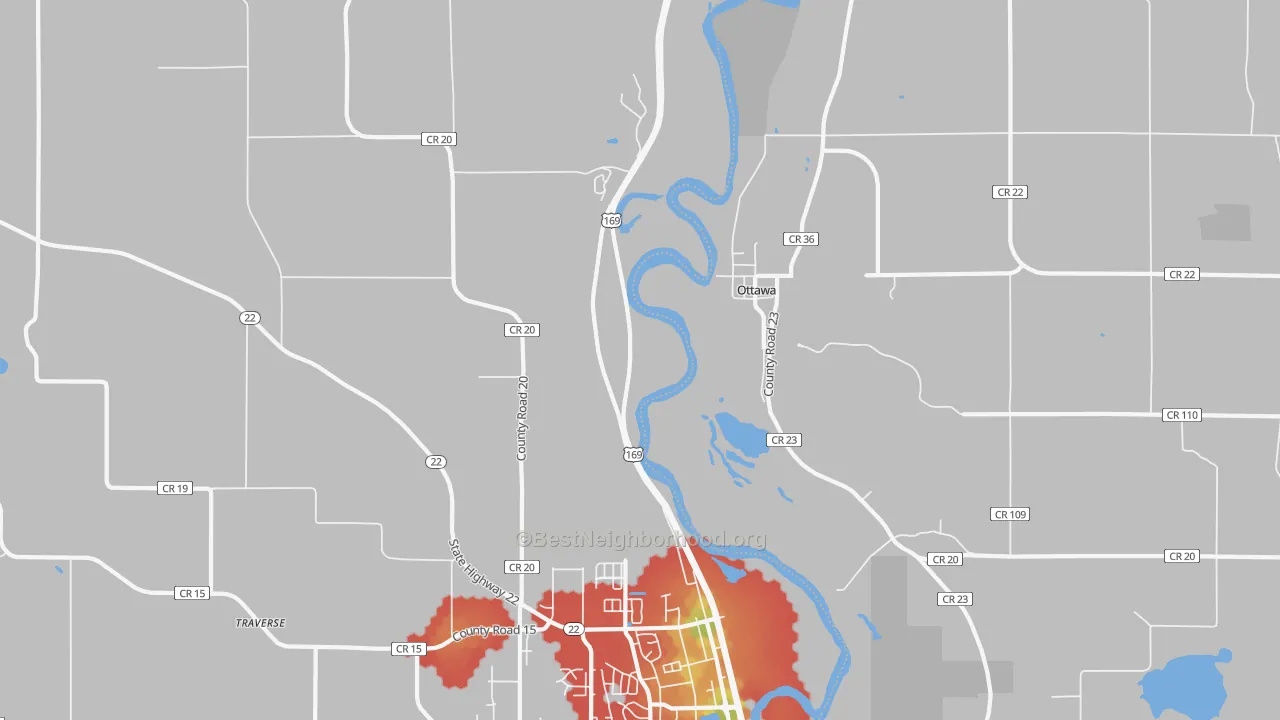 Walk Grade map of Ottawa, MN, walkable areas in green and car-dependent areas in red