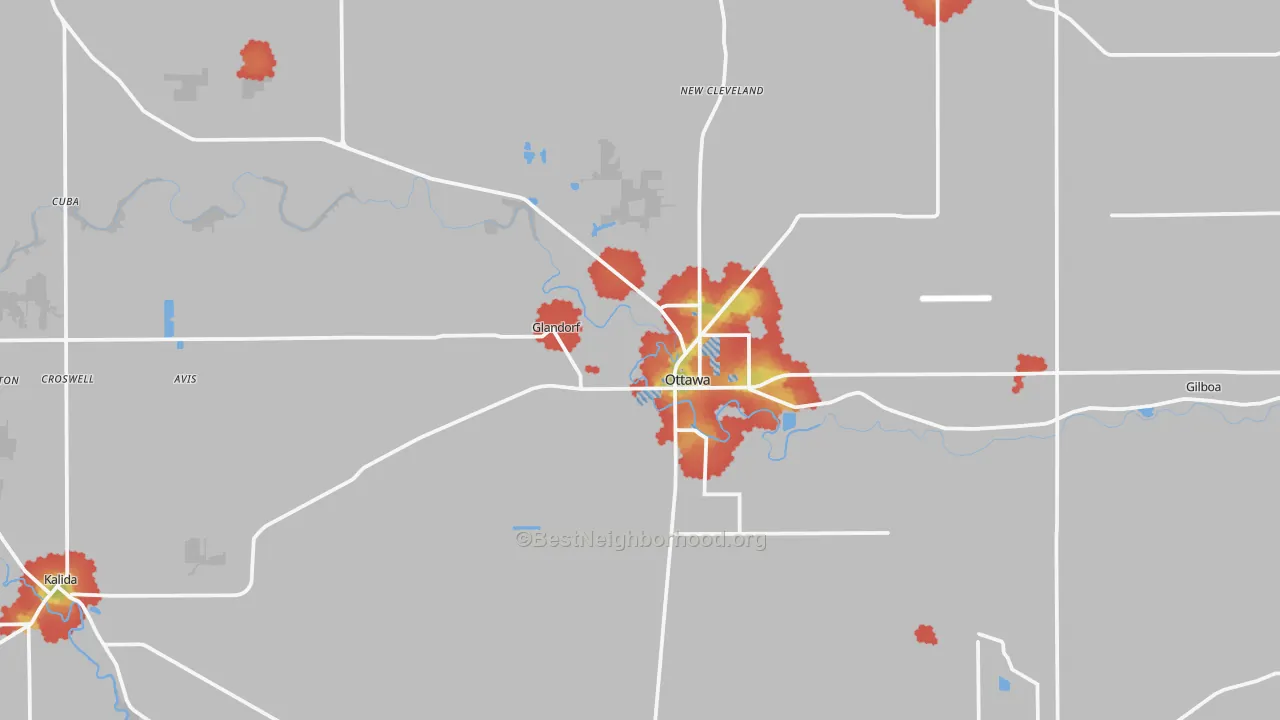 Walk Grade map of Ottawa, OH, walkable areas in green and car-dependent areas in red