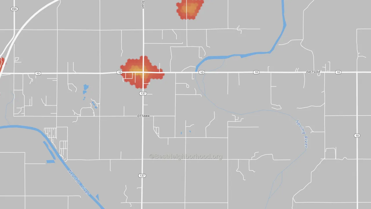 Walk Grade map of Ottawa, OK, walkable areas in green and car-dependent areas in red