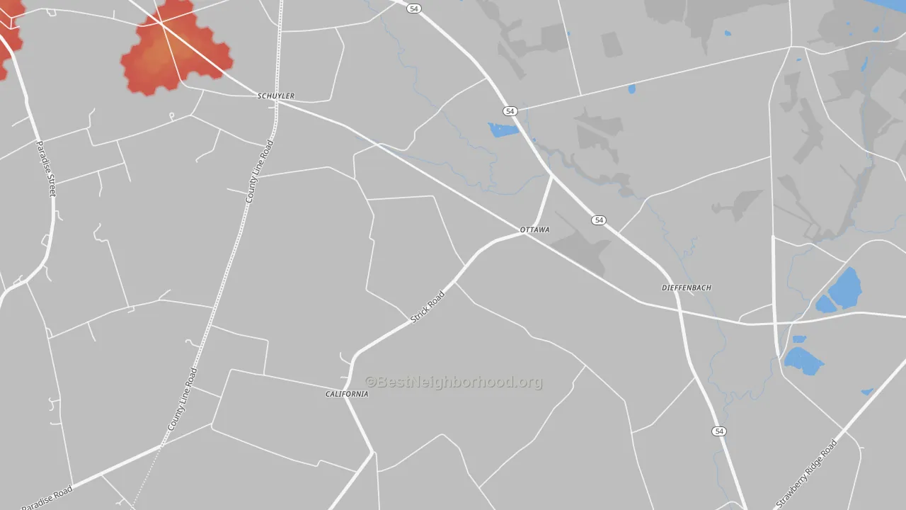 Walk Grade map of Ottawa, PA, walkable areas in green and car-dependent areas in red