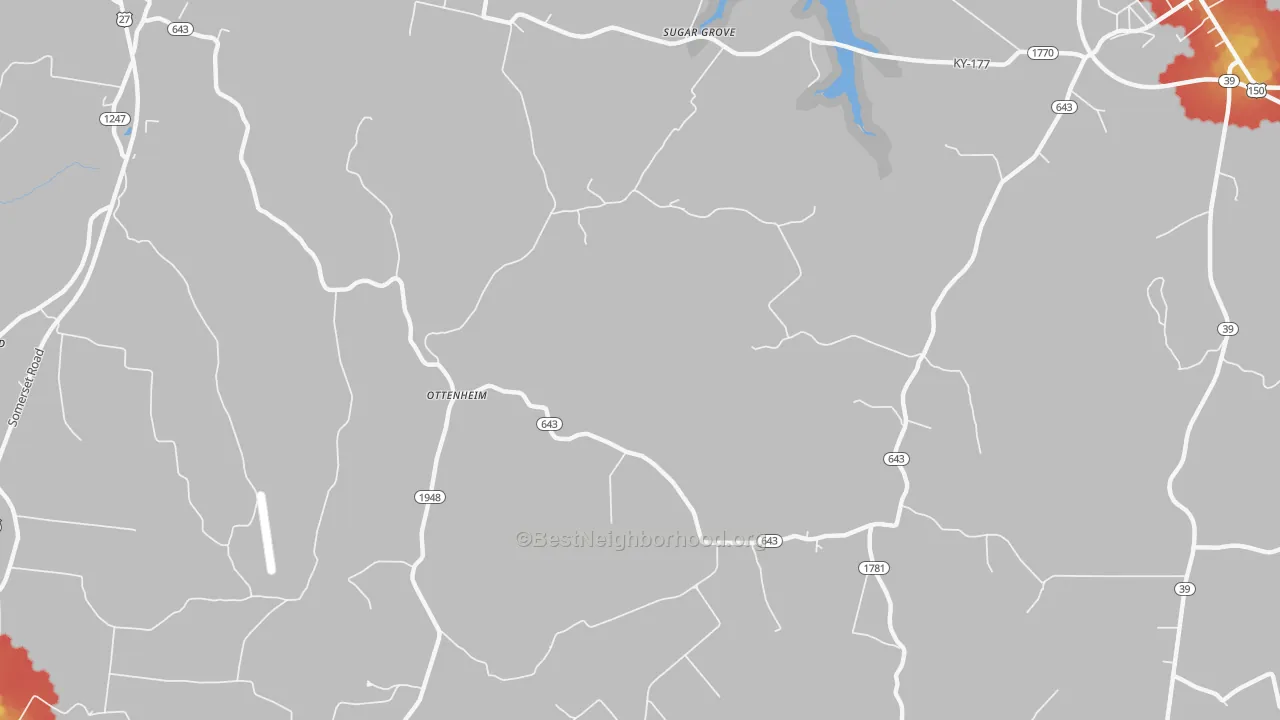 Walk Grade map of Ottenheim, KY, walkable areas in green and car-dependent areas in red