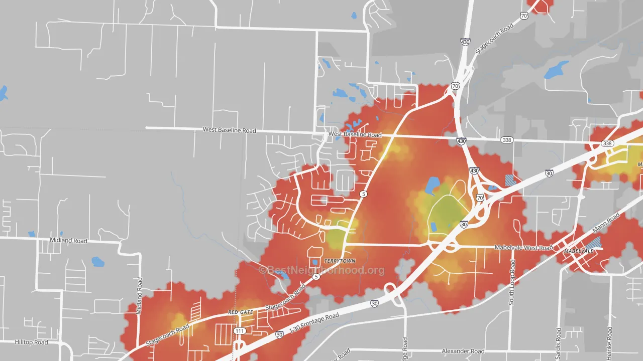 Walk Grade map of Otter Creek Crystal, Little Rock, AR, walkable areas in green and car-dependent areas in red