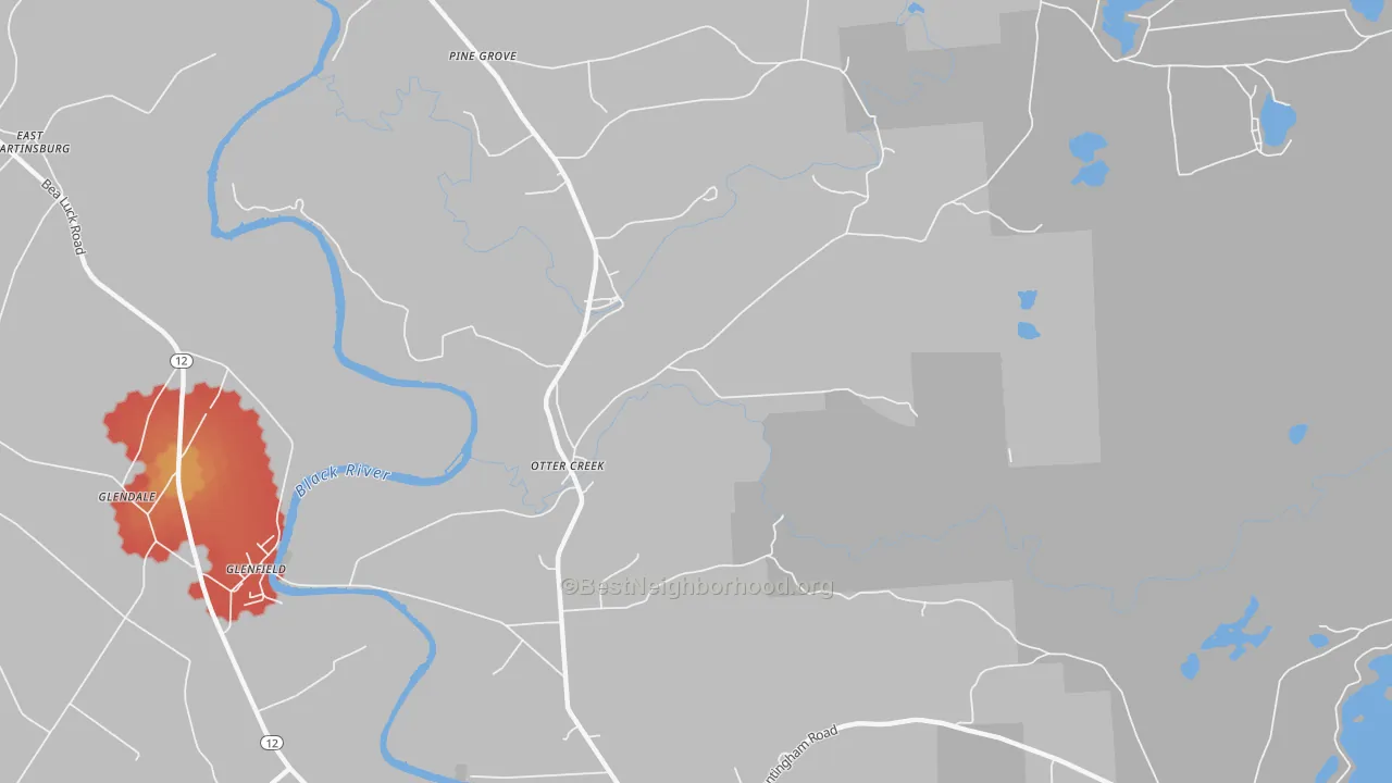 Walk Grade map of Otter Creek, NY, walkable areas in green and car-dependent areas in red