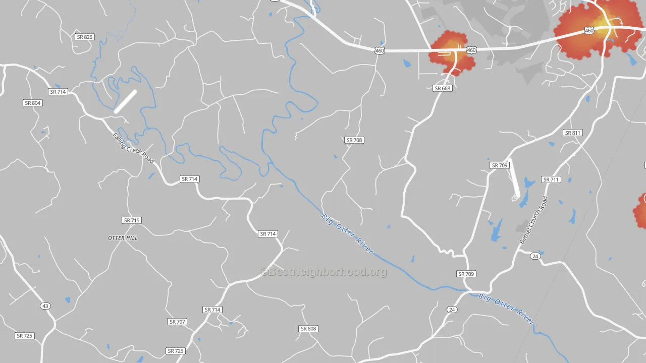 Walk Grade map of Otter Hill, VA, walkable areas in green and car-dependent areas in red