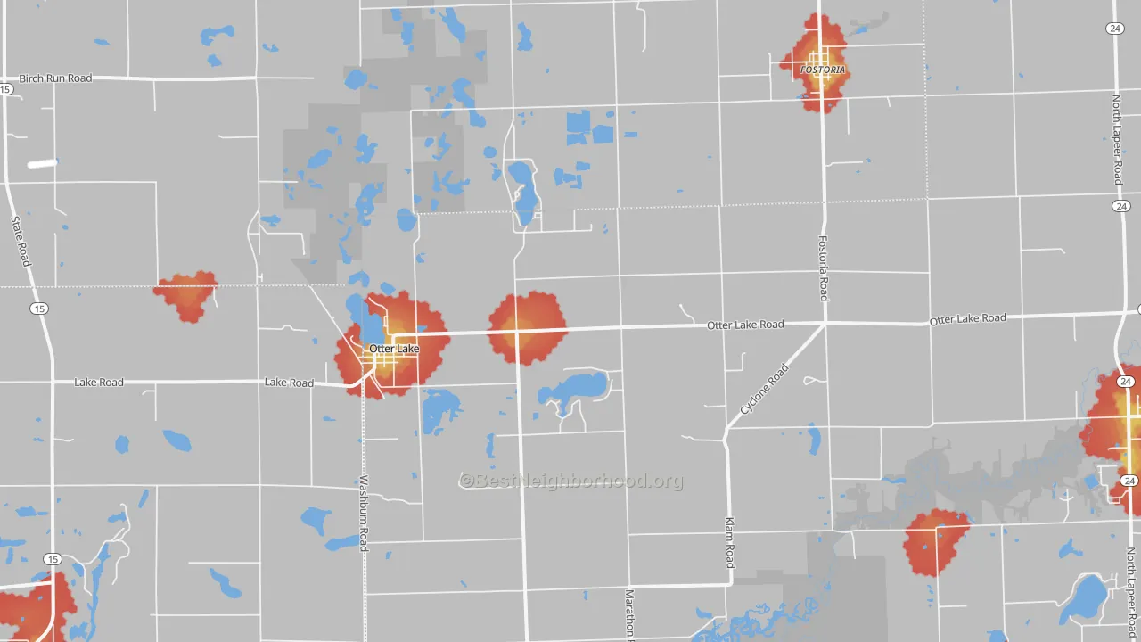 Walk Grade map of Otter Lake, MI, walkable areas in green and car-dependent areas in red