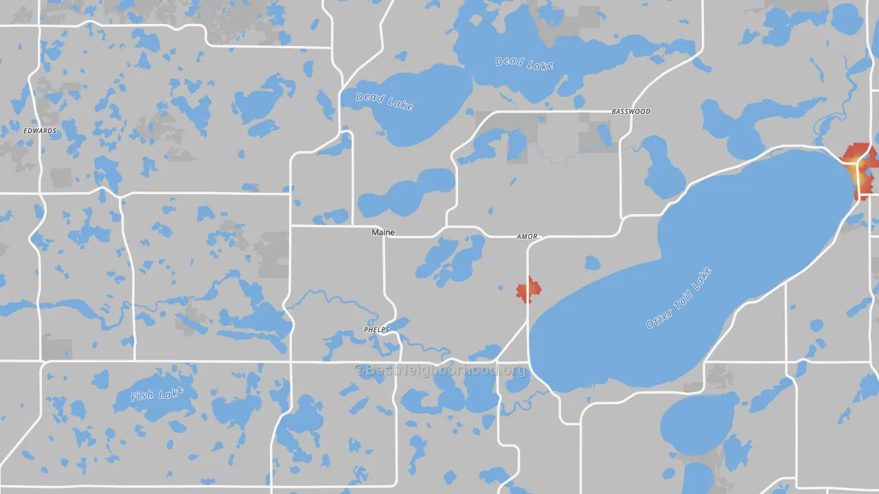 Walk Grade map of Otter Tail County, MN, walkable areas in green and car-dependent areas in red