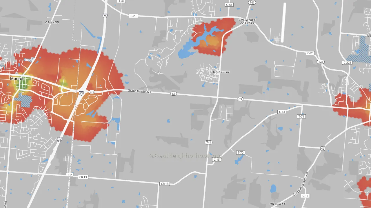Walk Grade map of Otterbein, OH, walkable areas in green and car-dependent areas in red