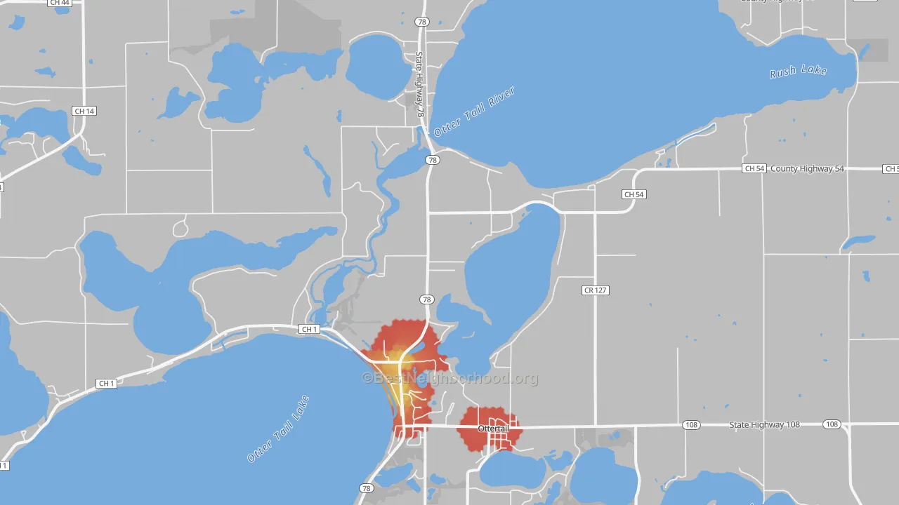 Walk Grade map of Ottertail, MN, walkable areas in green and car-dependent areas in red