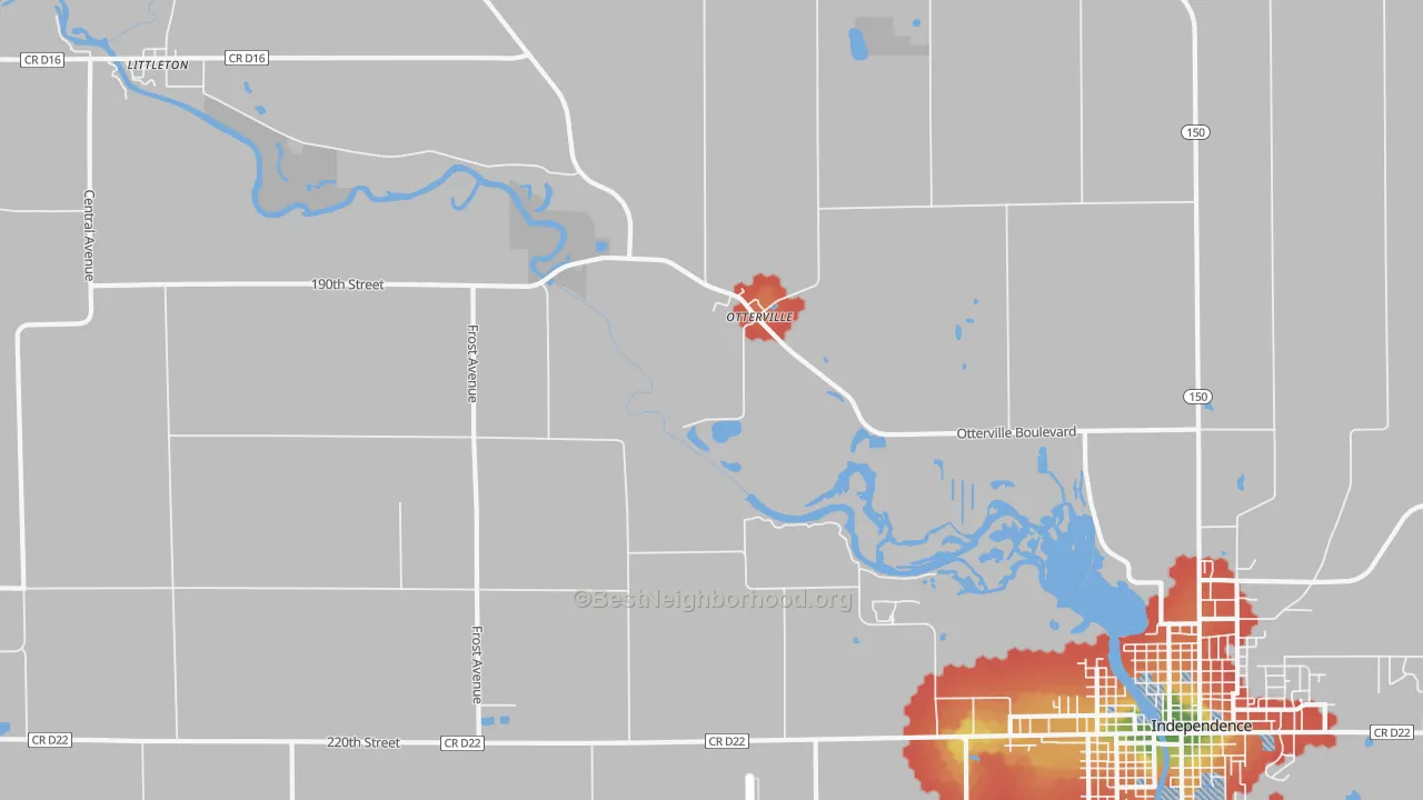 Walk Grade map of Otterville, IA, walkable areas in green and car-dependent areas in red
