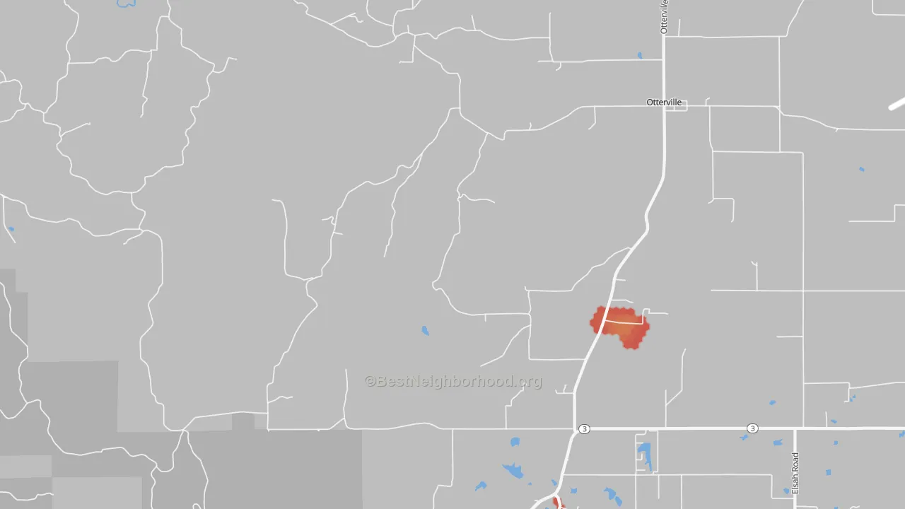Walk Grade map of Otterville, IL, walkable areas in green and car-dependent areas in red