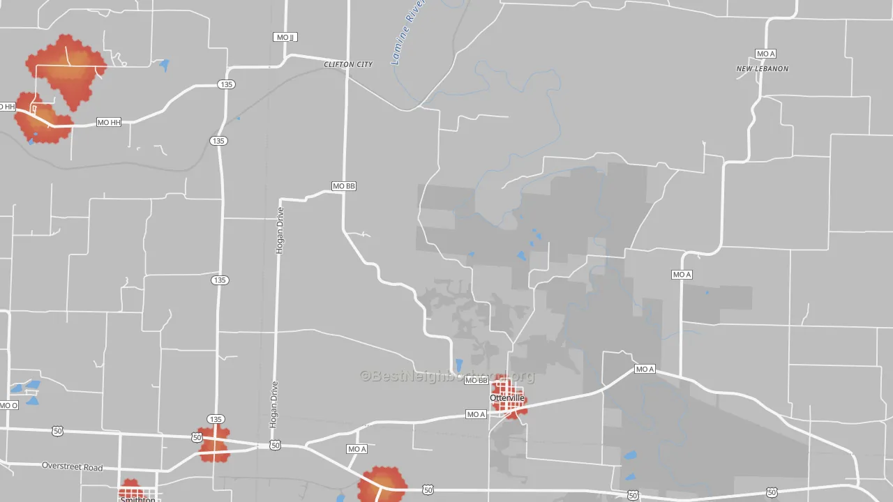 Walk Grade map of Otterville, MO, walkable areas in green and car-dependent areas in red