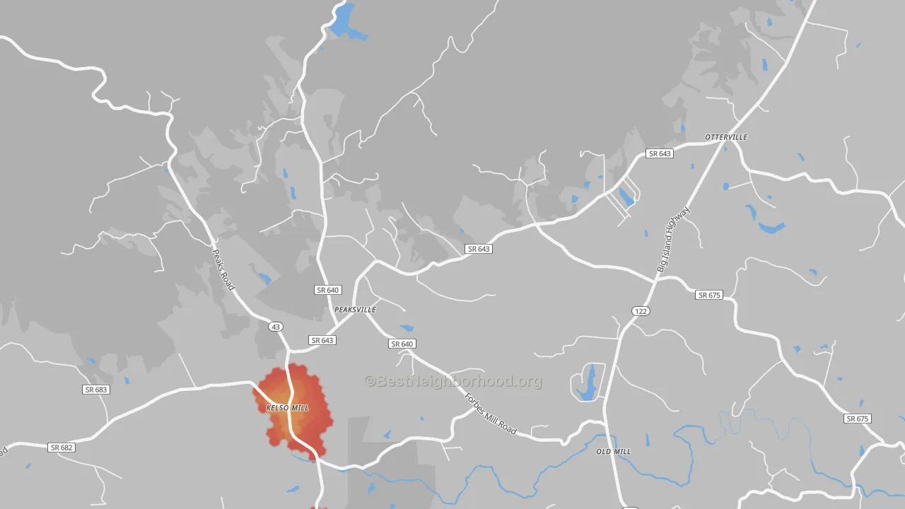 Walk Grade map of Otterville, VA, walkable areas in green and car-dependent areas in red
