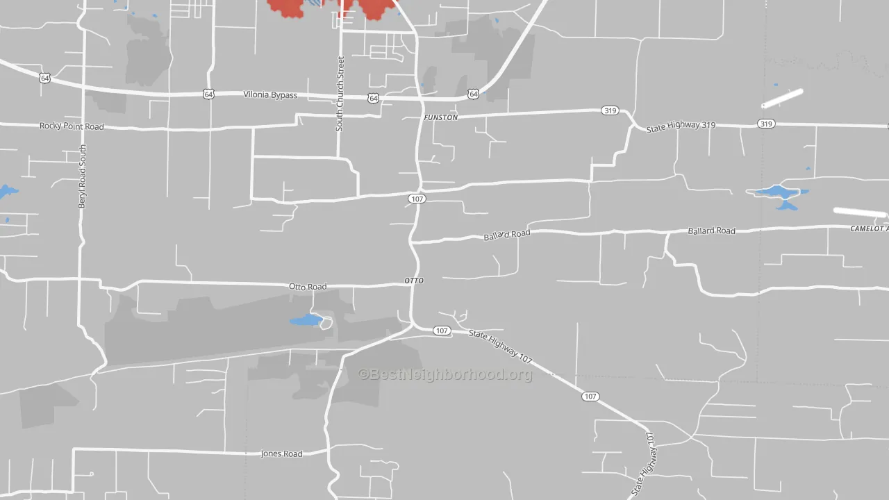 Walk Grade map of Otto, AR, walkable areas in green and car-dependent areas in red
