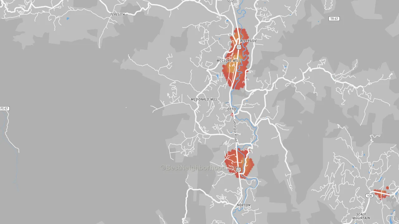 Walk Grade map of Otto, NC, walkable areas in green and car-dependent areas in red
